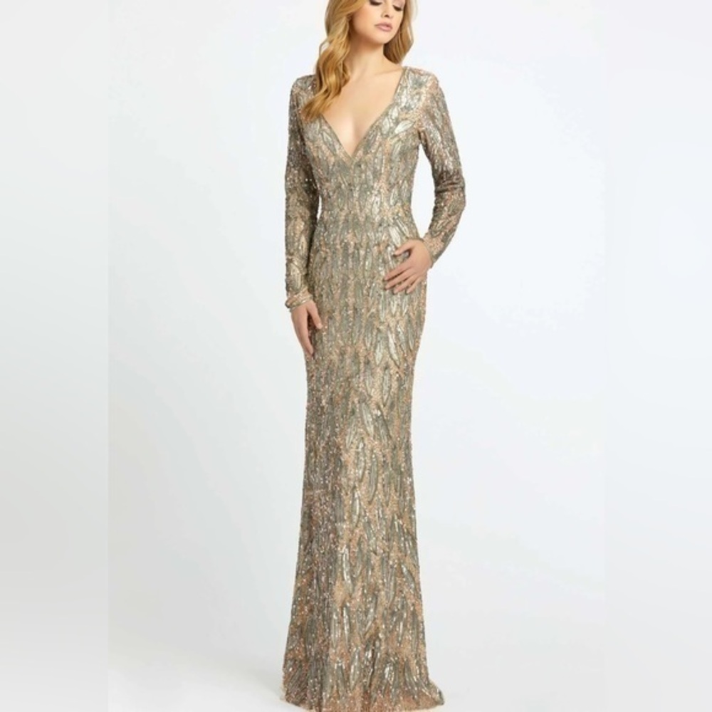 MAC DUGGAL Vintage Taupe Long Sleeve Beaded V-Neck Gown